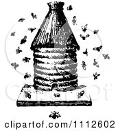 Poster, Art Print Of Retro Black And White Apiology Bee Hive With A Swarm