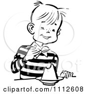 Clipart Black And White Retro Happy Boy Eating Dessert Royalty Free Vector Illustration