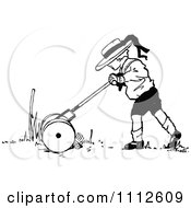Poster, Art Print Of Retro Black And White Boy Mowing A Lawn