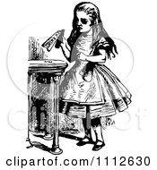 Clipart Alice Holding A Drink Me Bottle Before Entering Wonderland Royalty Free Vector Illustration by Prawny Vintage