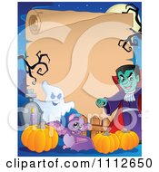 Poster, Art Print Of Halloween Parchment Sign Framed With A Ghost Pumpkins Bat And Vampire