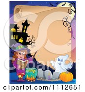 Clipart Halloween Parchment Sign Framed With A Witch Ghost And Pumpkin In A Cemetery By A Haunted House Royalty Free Vector Illustration