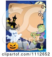 Clipart Halloween Parchment Sign Framed With A Ghost Pumpkin And Zombie In A Cemetery By A Haunted House Royalty Free Vector Illustration by visekart