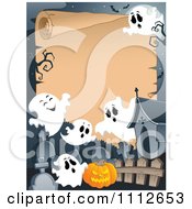 Poster, Art Print Of Halloween Parchment Sign Framed With Ghosts In A Cemetery