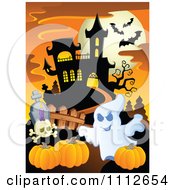 Poster, Art Print Of Ghost With Pumpkins In A Cemetery Near A Haunted House