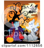 Poster, Art Print Of Full Moon Over A Vampire And Ghost In A Cemetery