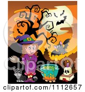 Clipart Full Moon Over Bats And A Witch With A Cauldron Royalty Free Vector Illustration
