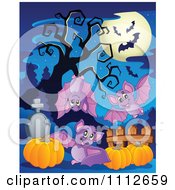 Clipart Full Moon Over Cute Bats With Pumpkins In A Cemetery Royalty Free Vector Illustration