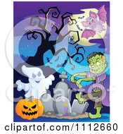 Poster, Art Print Of Full Moon And Bats Over A Zombie Ghost And Pumpkin In A Cemetery