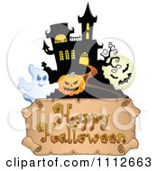 Poster, Art Print Of Haunted House With Bats A Pumpkin And Ghost Over A Happy Halloween Banner