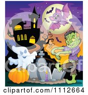 Poster, Art Print Of Zombie Ghost And Pumpkin In A Cemetery Near A Haunted House