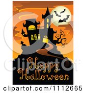 Poster, Art Print Of Haunted House With Bats And A Full Moon Over Happy Halloween Text