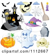 Poster, Art Print Of Halloween Haunted House Bats Spider Web Pumpkin Ghost Skull And Tombstone