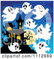 Poster, Art Print Of Spooky Ghosts Flying Around A Haunted House