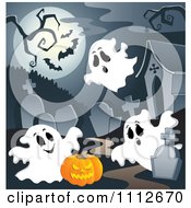 Poster, Art Print Of Cemetery With A Jackolantern Tombstones And Ghosts Under A Full Moon With Bats