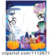 Poster, Art Print Of Halloween Fram With A Ghost Pumpkins Bats And Vampire In A Cemetery