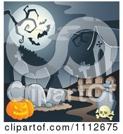 Poster, Art Print Of Cemetery With A Jackolantern Tombstones Under A Full Moon With Bats