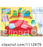 Poster, Art Print Of Red Couch In A Living Room With Plants On A Shelf