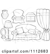 Poster, Art Print Of Outlined Vase Chair Table Curtains Couch Lamp And Mirror
