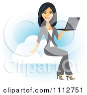 Poster, Art Print Of Beautiful Asian Businesswoman Holding A Laptop On A Cloud