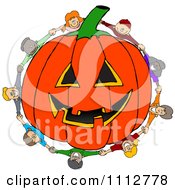 Diverse Kids Holding Hands Around A Carved Jackolantern Halloween Pumpkin