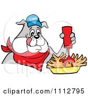 Bbq Bulldog Mascot Squirting Ketchup On French Fries