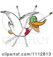 Clipart Oblivious Duck Flying Happily And Being Shot At Royalty Free Vector Illustration by LaffToon