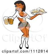 Clipart Sexy Black Breastaurant Waitress Holding Beer And Fries Royalty Free Vector Illustration by LaffToon