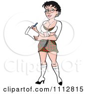Clipart Sexy Black Haired Breastaurant Waitress In Glasses And A Plaid Skirt Taking An Orde Royalty Free Vector Illustration by LaffToon