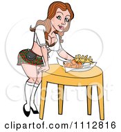 Sexy Caucasian Breastaurant Waitress In A Plaid Skirt Setting Beer And Fries On A Table
