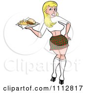 Clipart Sexy Blond Breastaurant Waitress In A Plaid Skirt Looking Back And Carrying Fries Royalty Free Vector Illustration by LaffToon