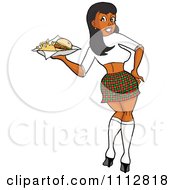 Clipart Sexy Black Breastaurant Waitress In A Plaid Skirt Looking Back And Carrying Fries Royalty Free Vector Illustration