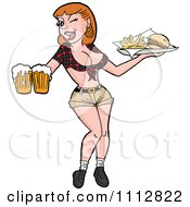 Poster, Art Print Of Sexy Caucasian Breastaurant Waitress Winking And Holding Beer And Fries