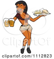 Clipart Sexy Black Breastaurant Waitress Winking And Holding Beer And Fries Royalty Free Vector Illustration by LaffToon