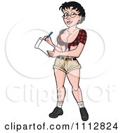 Clipart Sexy Black Haired Breastaurant Waitress In Glasses And A Plaid Top Taking An Orde Royalty Free Vector Illustration by LaffToon