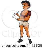 Clipart Sexy Black Breastaurant Waitress In Glasses And A Plaid Top Taking An Orde Royalty Free Vector Illustration by LaffToon