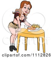 Clipart Sexy Caucasian Breastaurant Waitress Setting Beer And Fries On A Table Royalty Free Vector Illustration by LaffToon