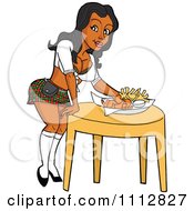 Clipart Sexy Black Breastaurant Waitress In A Plaid Skirt Setting Beer And Fries On A Table Royalty Free Vector Illustration by LaffToon