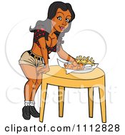 Poster, Art Print Of Sexy Black Breastaurant Waitress Setting Beer And Fries On A Table