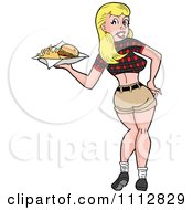 Clipart Sexy Blond Breastaurant Waitress In A Plaid Top Looking Back And Carrying Fries Royalty Free Vector Illustration by LaffToon