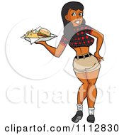 Clipart Sexy Black Breastaurant Waitress In A Plaid Top Looking Back And Carrying Fries Royalty Free Vector Illustration by LaffToon