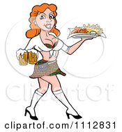 Clipart Sexy Red Haired Breastaurant Waitress Carrying Beer And Fries Royalty Free Vector Illustration by LaffToon