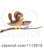 Poster, Art Print Of Happy Christmas Robin Wearing A Santa Hat And Perched On A Snowy Branch