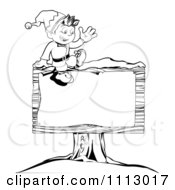 Clipart Outlined Happy Waving Christmas Elf Sitting On A Wooden Sign Royalty Free Vector Illustration