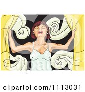 Clipart Woman Opening Curtains For Fresh Air Royalty Free Vector Illustration