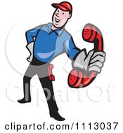 Poster, Art Print Of Retro Telephone Repair Man Holding Out A Red Receiver