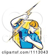 Poster, Art Print Of Retro Electrician Lineman Holding A Bolt In An Octagon