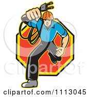 Poster, Art Print Of Retro Electrician Running With A Plug Over An Octogon