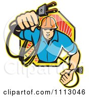Poster, Art Print Of Retro Electrician Holding Out A Plug In An Octogon