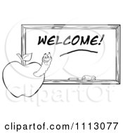Poster, Art Print Of Clipart Black And White Happy Worm In An Apple By A Welcome Chalkboard- Royalty Free Vector Illustration